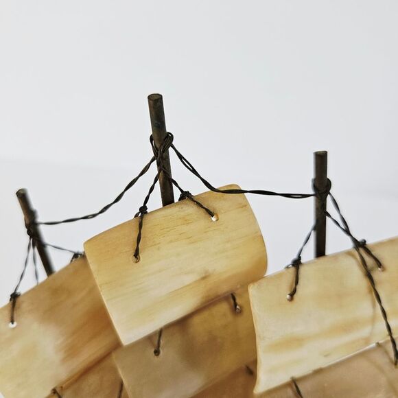 Vintage Hand Carved Ox Horn Wire Nautical Triple Mast Sailing Ship Schooner Boat - Picture 6 of 11